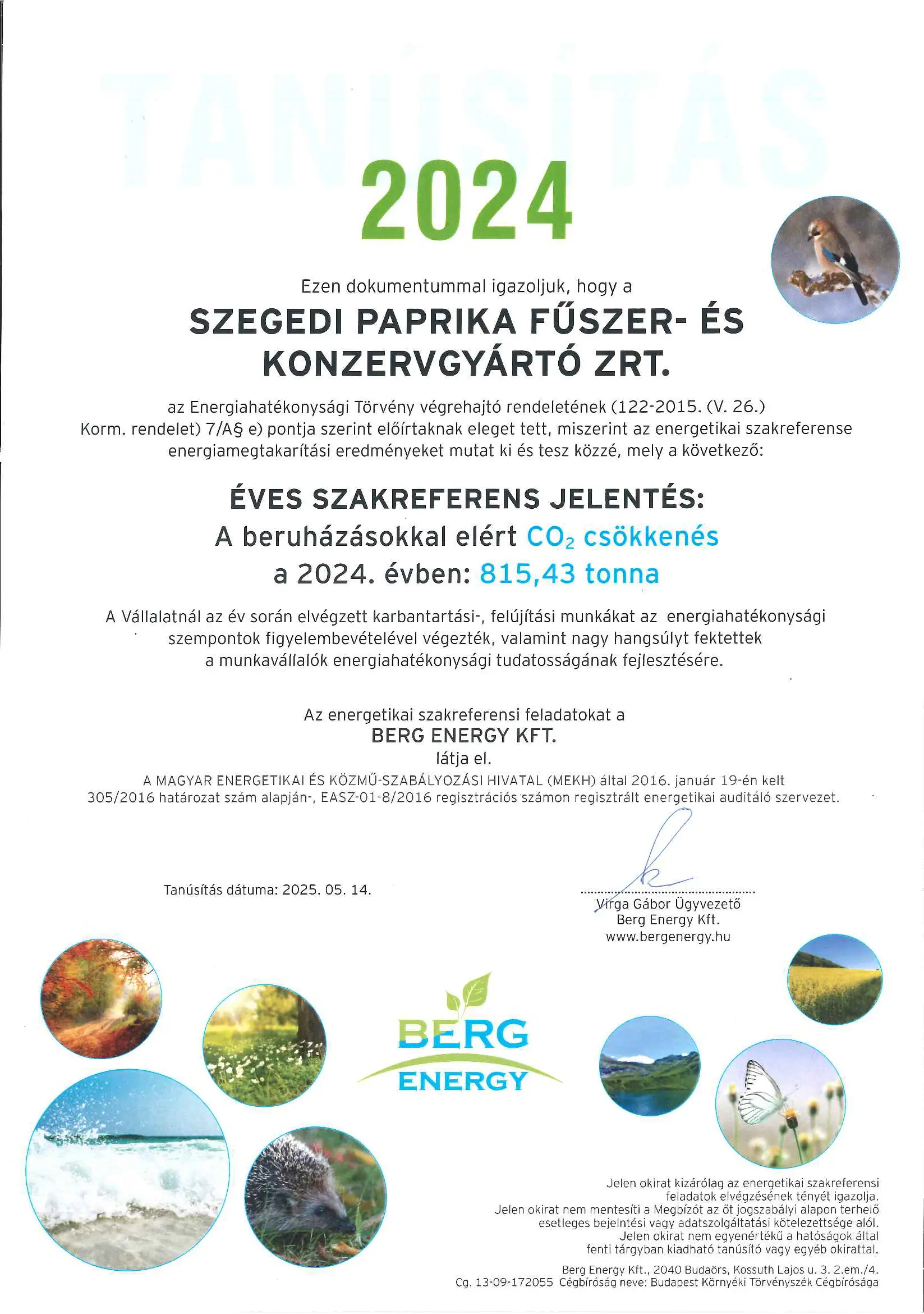 Berg Energy tanúsítsa 2024