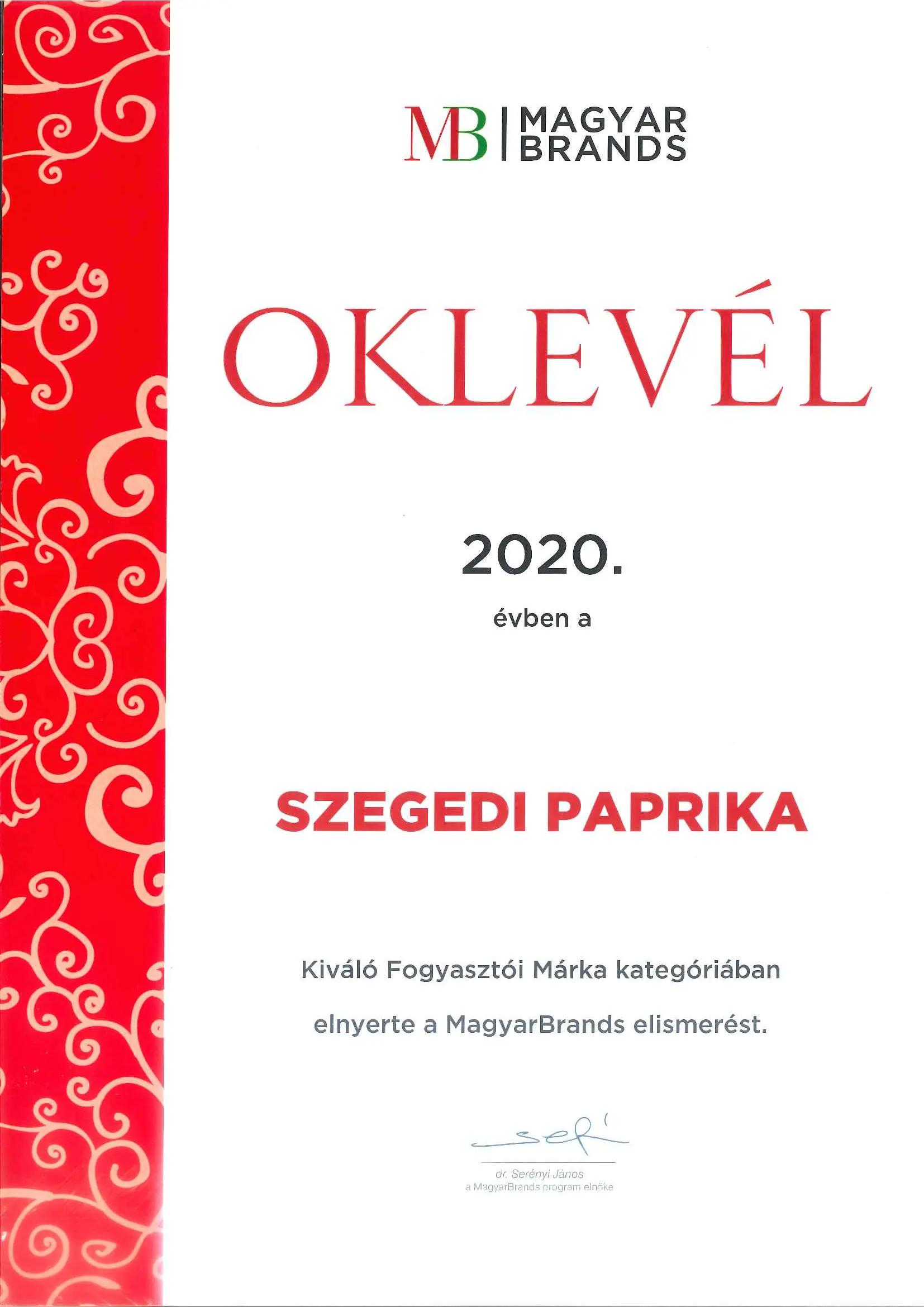 Magyar Brands oklevele 2020